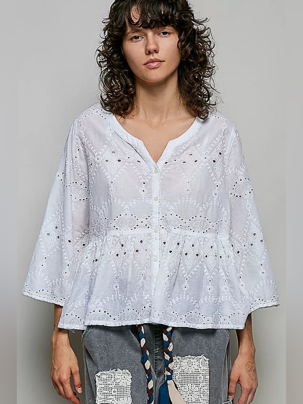 #9 POL White Eyelet Peplum Button-Front Blouse